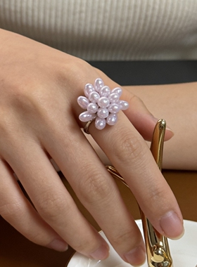 超精致编织紫色花朵戒指女复古珍珠中古质感叠戴戒指气质新款指环