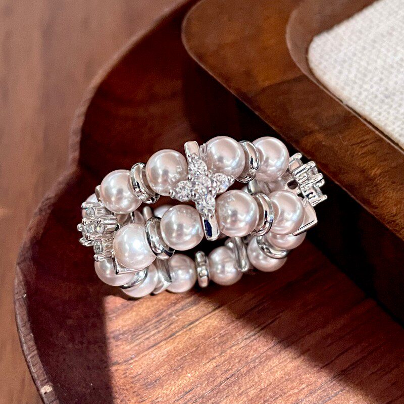 双层珠珠镶钻戒指女法式设计高级感叠戴食指戒珍珠锆石精致指环潮