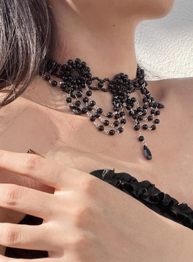 华丽重工流苏项链哥特编织黑色水晶串珠颈链小众锁骨链复古choker