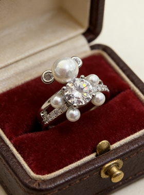 小众设计感轻奢闪亮锆石珍珠小熊戒指设计感百搭双层指环女食指戒