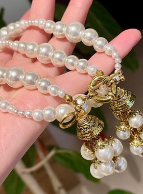 中古vintage复古高级感珍珠流苏项链个性大气毛衣链珍珠锁骨链女