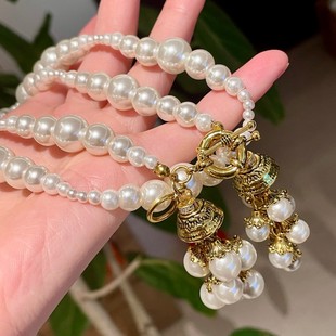 中古vintage复古高级感珍珠流苏项链个性大气毛衣链珍珠锁骨链女