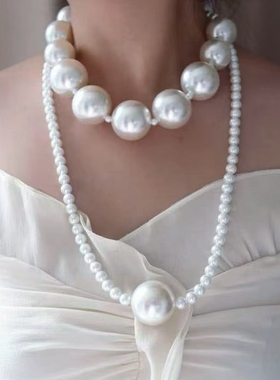 小众超大珍珠串珠叠戴锁骨链夸张简约双层毛衣链小众复古项链配饰