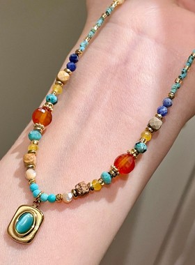 原创彩色松石水晶天然石玛瑙串珠项链叠戴颈链蓝色猫眼石锁骨链女