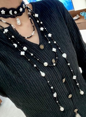 黑色蕾丝珍珠月亮星星颈链choker女长款多层叠戴不规则珍珠毛衣链