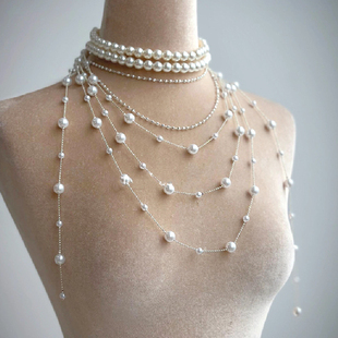 小众冷清设计多层珍珠项链中古复古气质叠戴流苏颈链满天星毛衣链
