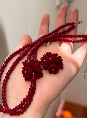 红色水晶串珠颈链复古绒面花朵戒指双层小花繁花choker锁骨链项链