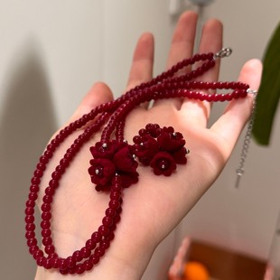 红色水晶串珠颈链复古绒面花朵戒指双层小花繁花choker锁骨链项链