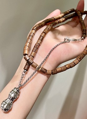 小众复古银色花生吊坠OT扣毛衣链木质圆形串珠项链高级感服饰配饰