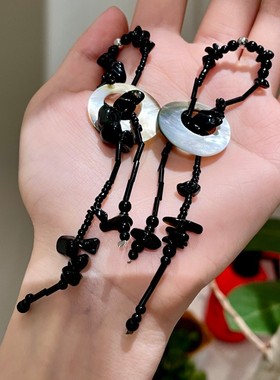 新款复古气质个性手作贝壳黑色系串珠流苏耳环新娘婚纱礼服耳饰女