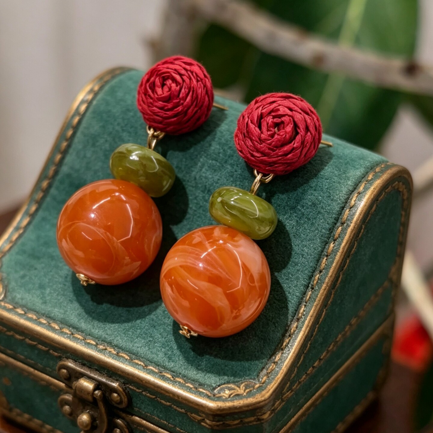 欧美时尚轻奢复古彩色树脂串珠耳钉人造宝石耳环高级感气质耳饰女