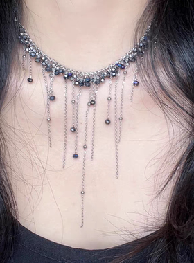 黑色水晶串珠流苏项链