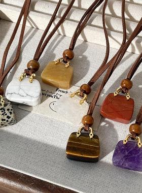 韩国绒绳虎眼石包包项链女小众设计感高级毛衣链秋冬长款吊坠配饰