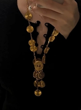 老钱风复古耳饰金属罗盘圆片圆币项链重工流苏耳环长款毛衣链配饰