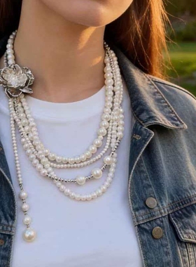 vintage银色金属花瓣水晶毛衣链气质多层珍珠叠戴项链女锁骨链潮