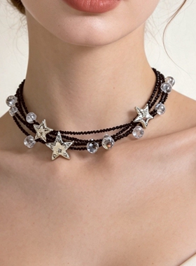 深海星星复古高级感黑色串珠项链女轻奢锆石五角星叠戴颈链choker
