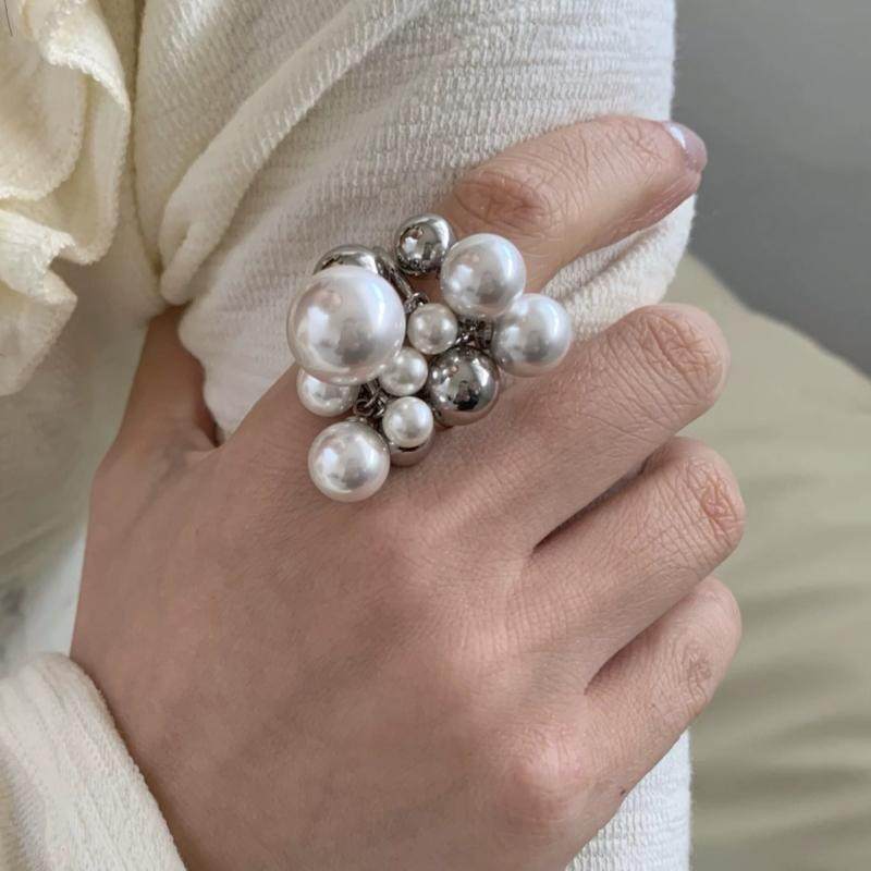 韩系小众重工多颗串珠珍珠流苏食指戒气质戒指搭配高级感百搭指环