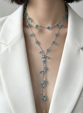 夏天蓝色水晶水滴串珠项链双层蝴蝶锁骨链蝴蝶流苏choker颈链配饰