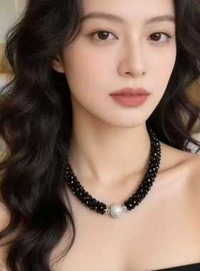 手工黑色水晶串珠项链颈链韩版时尚简约短款锁骨链装饰品女毛衣链
