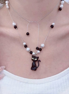 黑色小猫锁骨链黑白撞色拼色珍珠串珠项链小众设计感抽拉毛衣链女
