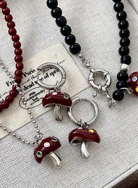 小众设计感耳扣耳环滴油彩色蘑菇项链黑色酒红色串珠百搭毛衣链女