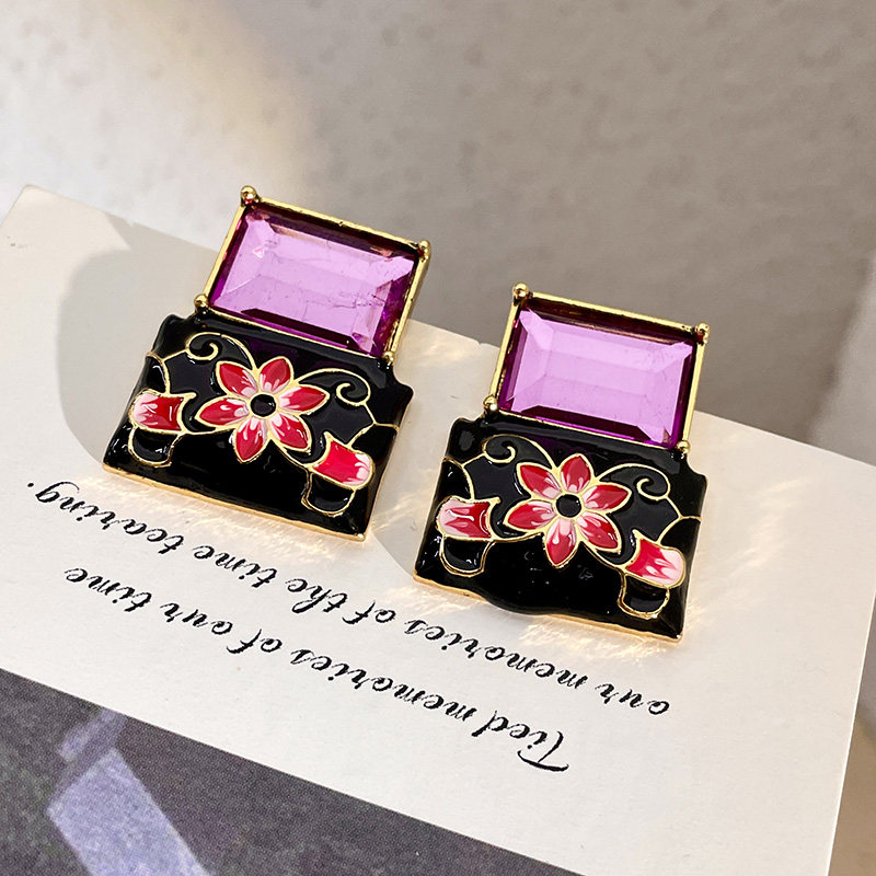 프렌치 레트로 귀걸이 중년 빈티지 라이트 럭셔리 핑크 크리스탈 플라워 귀걸이 여성용 에나멜 동백 귀걸이