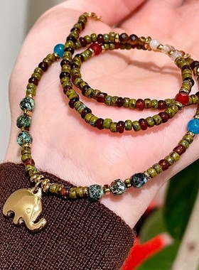 小象吊坠混彩天然石串珠项链小众多巴胺锁骨链百搭叠戴毛衣链配饰