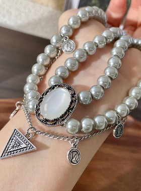 中古小众高级感灰色珍珠多层流苏项链女复古叠带串珠颈链潮锁骨链