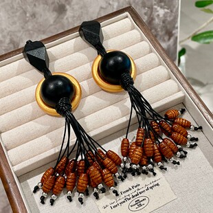 欧美独特时髦黑金设计耳饰走秀晚宴拍照流苏耳坠个性木质浮夸耳环