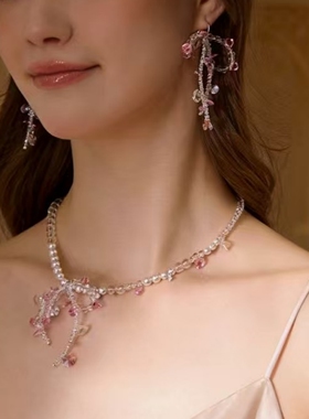 小众珍珠水晶蝴蝶结耳环粉色系串珠项链复古锁骨链颈链chocker女