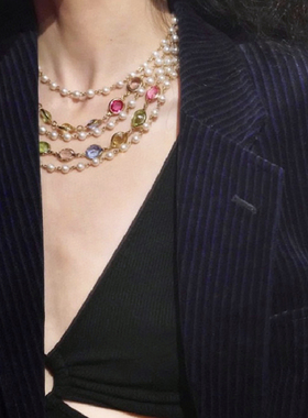 复古多层珍珠彩色水晶拼接毛衣链国风层次项链气质中古vintage女