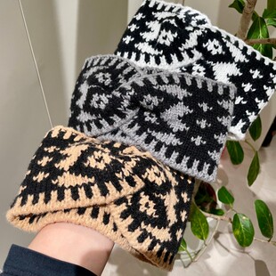 秋冬格子毛线针织交叉宽边束发带女款复古百搭头箍洗脸不勒头发饰