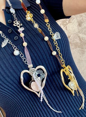 千禧辣妹手工丝带拼接彩珠爱心毛衣链波点花朵度假感项链女锁骨链