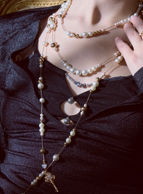 法式名媛复古钥匙多层珍珠流苏项链优雅气质毛衣链水滴串珠锁骨链