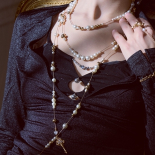 法式名媛复古钥匙多层珍珠流苏项链优雅气质毛衣链水滴串珠锁骨链