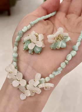法式清新曼波色调薄荷香草项链清冷感串珠耳环耳饰水晶串珠锁骨链