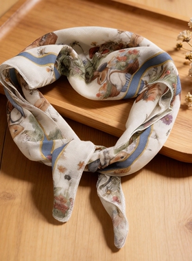 春夏可爱小兔丝巾女棉麻小方巾卡通百搭包头巾装饰护颈防晒领巾潮