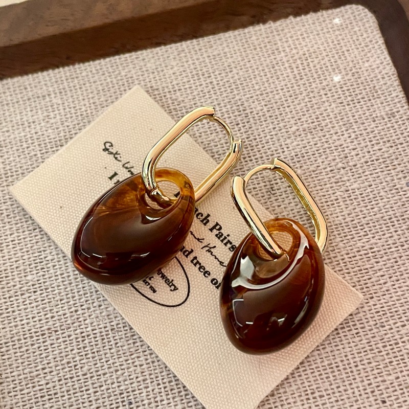 复古金色耳圈欧美风不规则琥珀色几何吊坠耳环高级感轻奢简约耳饰