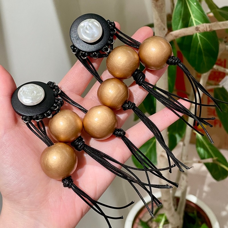 黑色木质长款耳环复古民族风夸张耳坠个性小众气质流苏串珠耳饰女