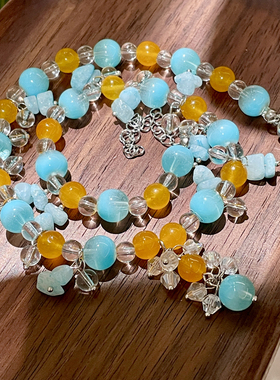 蓝色碎石串珠项链小众高级感黄色水晶撞色拼接锁骨链女轻奢毛衣链