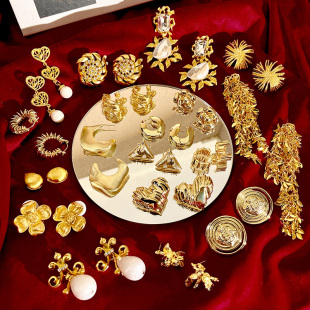 欧美复古中古vintage金色系列耳环镀金不易撞款 耳钉高级感耳饰女