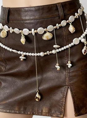 双层叠戴贝壳流苏珍珠腰链女腰带两用身体链小香风项链潮海的旋律