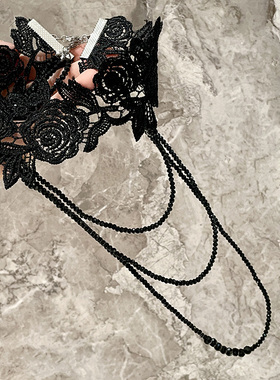 黑暗玫瑰刺绣手工钉珠叠层项链