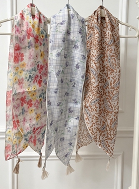 温柔系碎花流苏丝巾轻薄透气三角巾氛围感拍照发带日杂风通勤颈饰