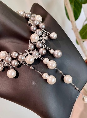 赫本风大小珍珠拼接流苏项链中古高级感串珠十字颈链轻奢毛衣链女