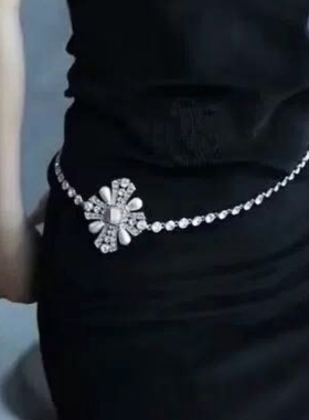 轻奢高级感银色满钻十字花瓣珍珠腰链长项链轻奢圆钻链条腰带配饰