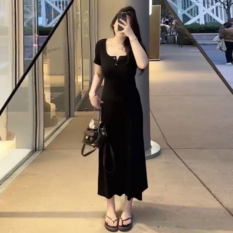 大码微胖mm藏肉显瘦黑色短袖连衣裙女夏季休闲高级感气质收腰长裙