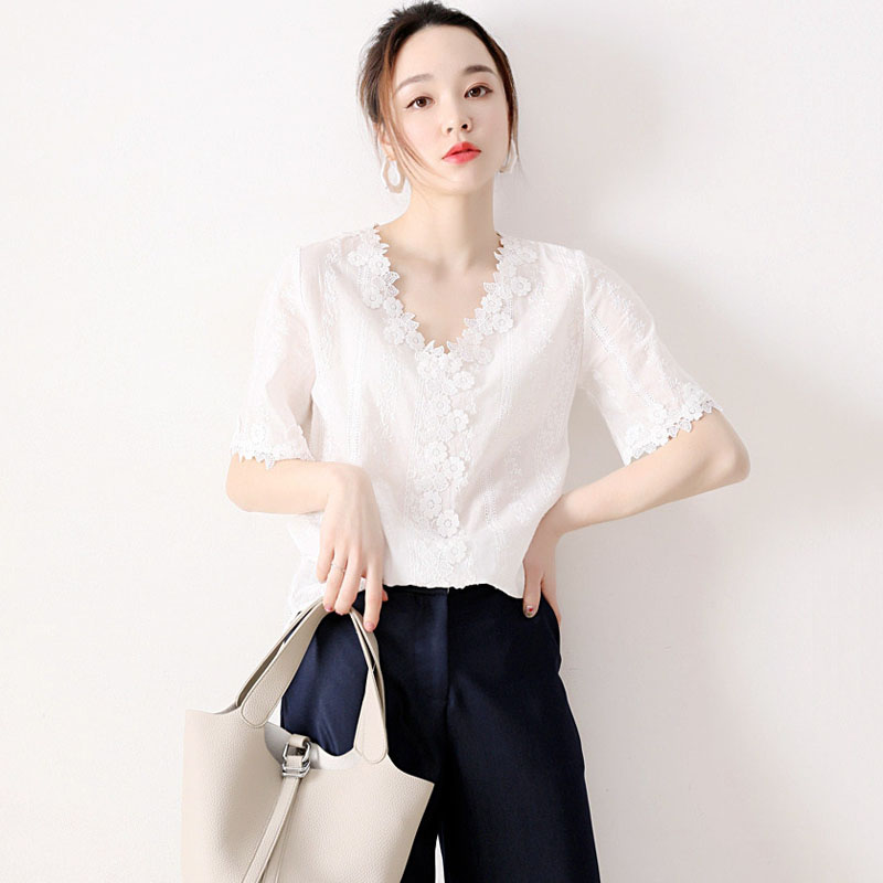 日本站优雅V领蕾丝女士衬衫夏季新款短袖小宽松显瘦纯色刺绣上衣|msdalam kategori Butik wanita / wanita, shirt - dari Buy2taobao.com untuk memberikan perkhidmatan ejen Taobao profesional membeli