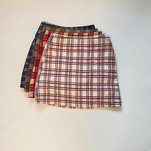富耀姿粉棕红黑蓝格子毛呢短裙防走光一步裙OL花苞通勤减龄半裙