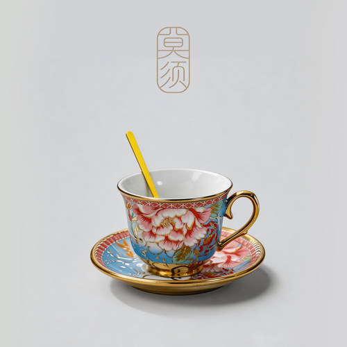 莫须|欧式宫廷风咖啡杯鎏金牡丹花纹高颜值家用办公室下午茶杯